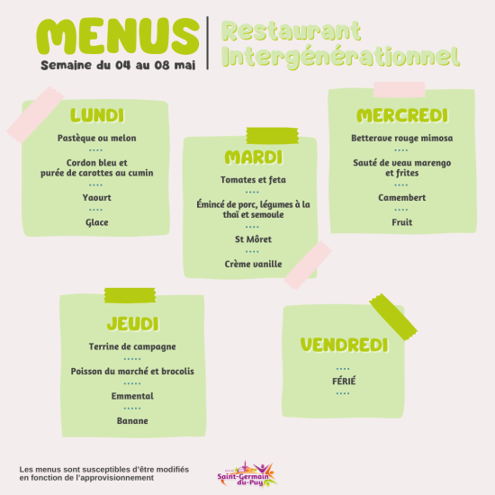 menus scolaires semaine du 04 au mai