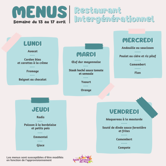 menus scolaires semaine du 13 au avril