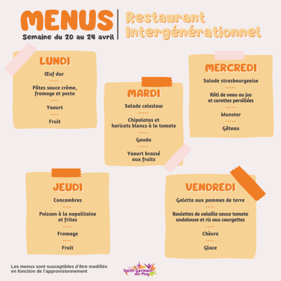 menus scolaires semaine du 20 au avril