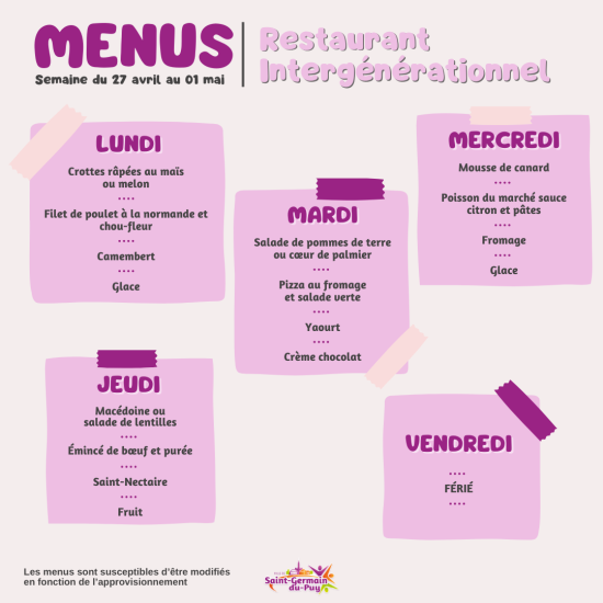 menus scolaires semaine du 27 avril au mai